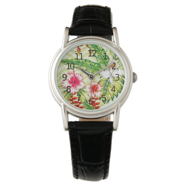 Reloj De Pulsera Elegantes hojas tropicales y flores hibiscus | (Anverso)