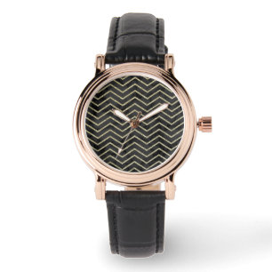 Reloj De Pulsera Elegantes mujeres mármol negro y Chevron dorado