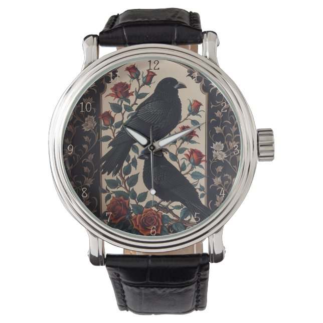 Reloj De Pulsera Elegantes Ravens Góticas Con Rosas (Anverso)