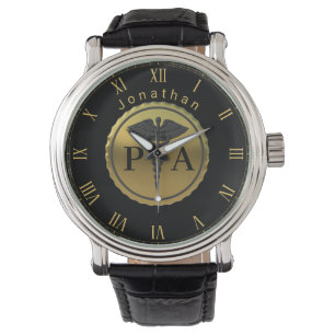 Reloj De Pulsera Emblema de oro Caduceo Asistente Médico Nombre PA