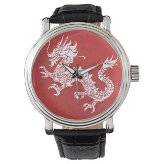 Reloj De Pulsera Emblema tribal del dragón chino vintage rojo