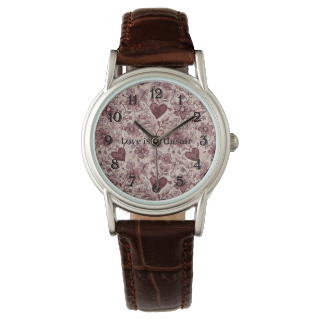 Reloj De Pulsera Encaje Falso Corazones Flores Rojo Burgundy Cremos (Anverso)