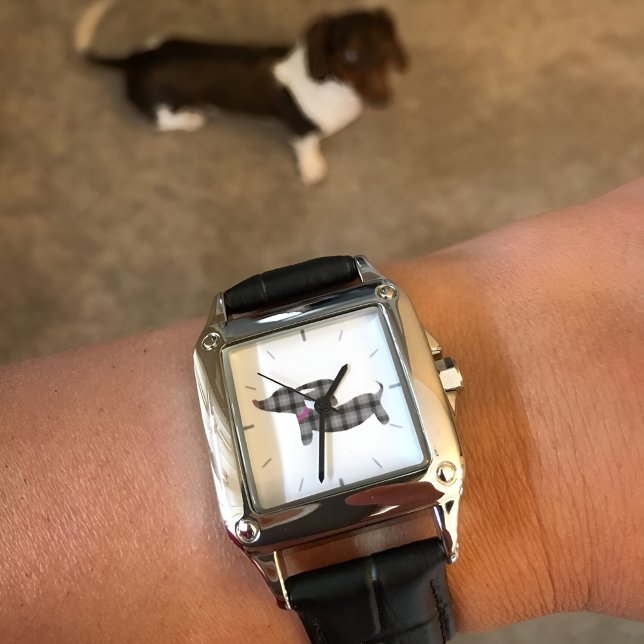 Reloj De Pulsera Encanto de Dachshund intemporal: Banda de cuero de (Plaid dachshund watch for wiener dog moms)