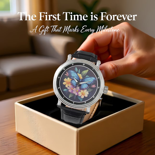 Reloj De Pulsera Enchanted Garden" - Blue Butterfly & Floral (Subido por el creador)