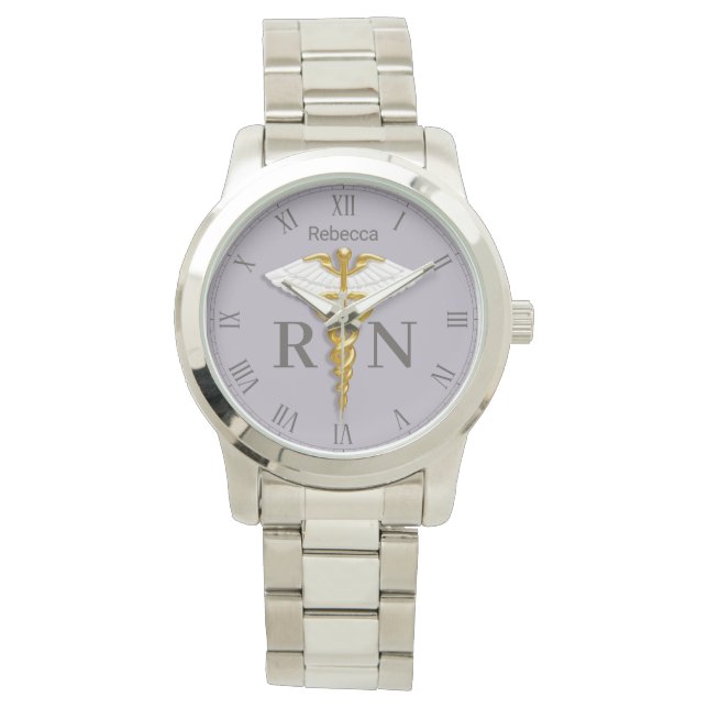 Reloj De Pulsera Enfermera con matrícula Gold Caduceus White Wings  (Anverso)
