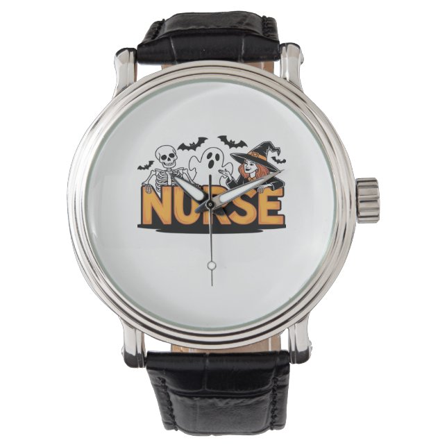 Reloj De Pulsera Enfermera - Halloween - con fantasma, bruja y esqu (Anverso)