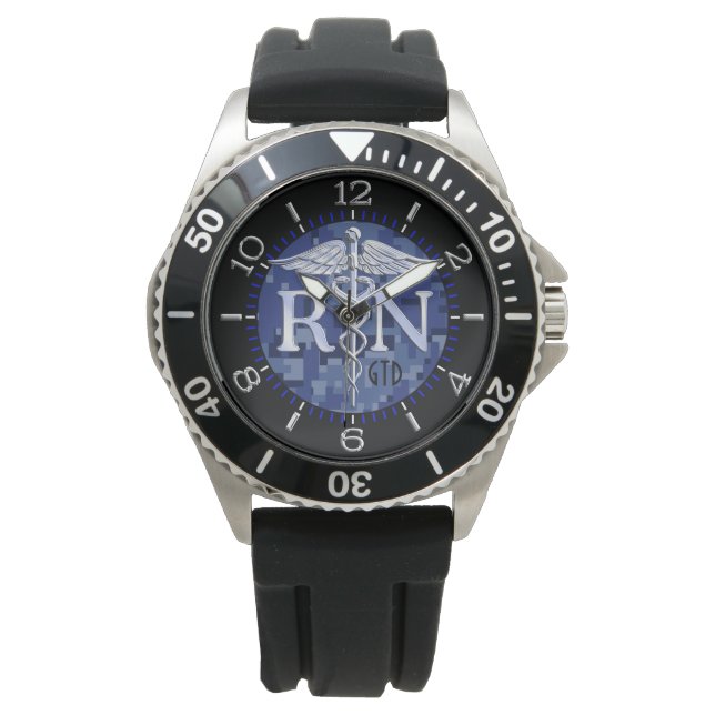 Reloj De Pulsera Enfermera inscrita RN Caduceus Blue Camo Monograma (Anverso)