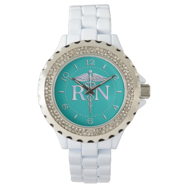 Reloj De Pulsera Enfermera inscrita RN Caduceus Watch on Turquoise (Anverso)
