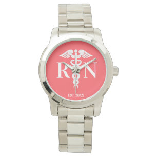 Reloj De Pulsera Enfermera inscrita RN Medical Caduceus Coral Perso