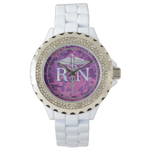 Reloj De Pulsera Enfermera inscrita RN Silver Caduceus Fuchsia Camo