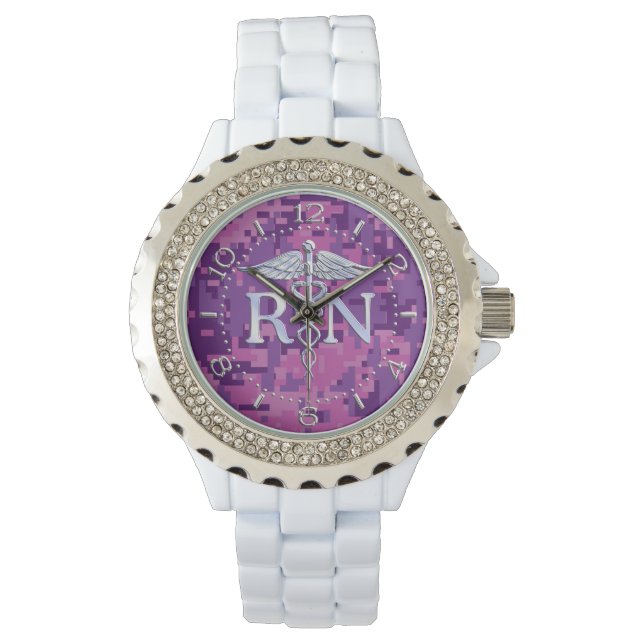 Reloj De Pulsera Enfermera inscrita RN Silver Caduceus Fuchsia Watc (Anverso)