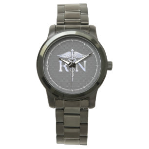 Reloj De Pulsera Enfermera inscrita RN Silver Caduceus Snakes
