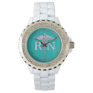 Reloj De Pulsera Enfermera inscrita RN Stylish Caduceus sobre turqu