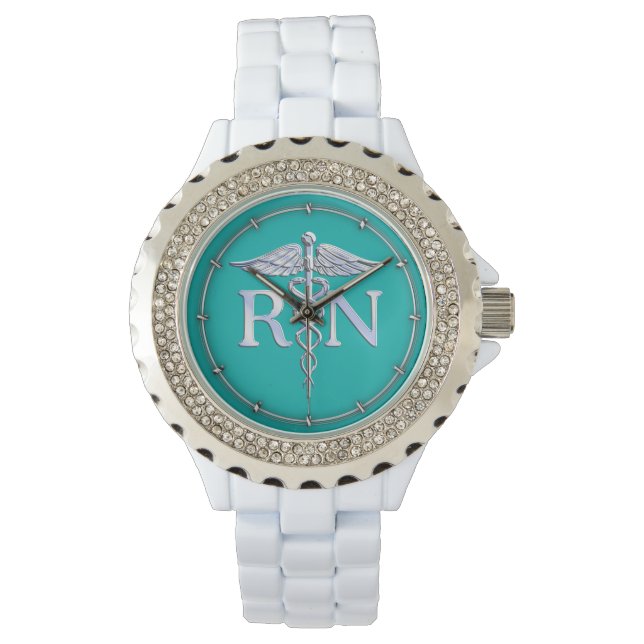 Reloj De Pulsera Enfermera inscrita RN Stylish Caduceus sobre turqu (Anverso)