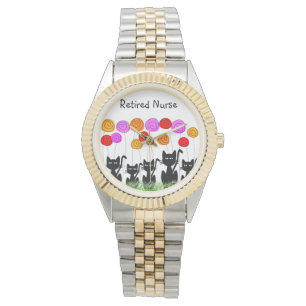 Reloj De Pulsera Enfermera jubilada de gatos y flores caprichosas