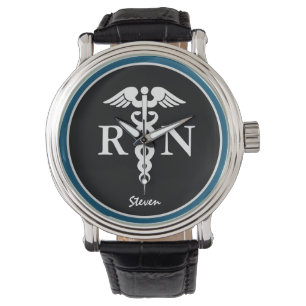 Reloj De Pulsera Enfermera macho RN Caduceus azul negro personaliza
