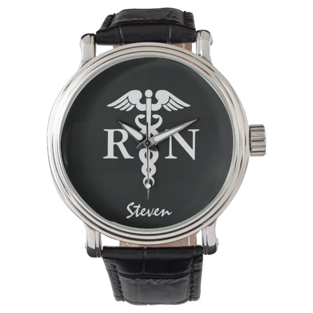 Reloj De Pulsera Enfermera macho RN Caduceus Médico Negro Personali (Anverso)