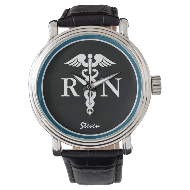 Reloj De Pulsera Enfermera masculina RN Caduceus azul negro persona (Anverso)