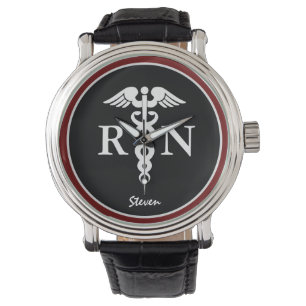 Reloj De Pulsera Enfermera masculina RN Caduceus burdeos negro mode