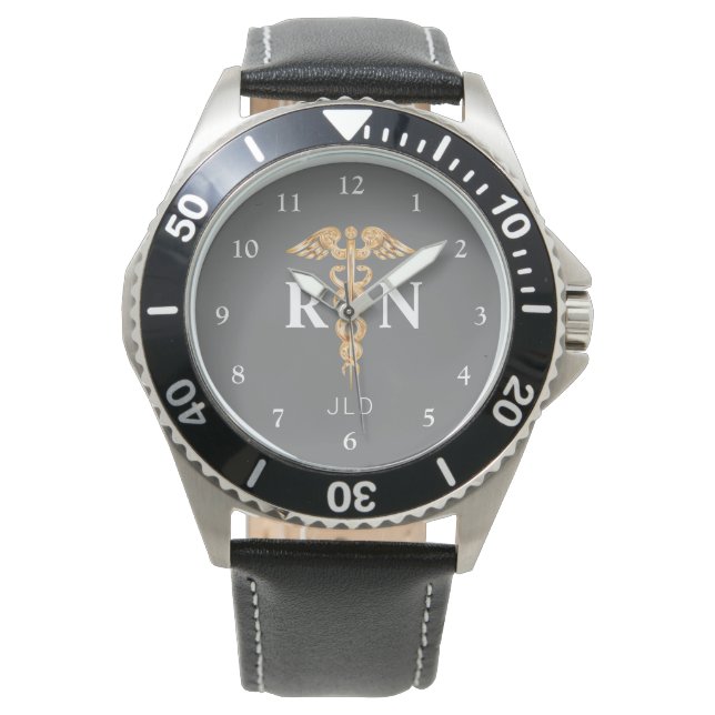 Reloj De Pulsera Enfermera moderna RN Monograma Gris negro (Anverso)