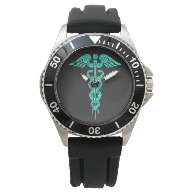 Reloj De Pulsera Enfermera negra Turquesa Caduceus Watch (Anverso)