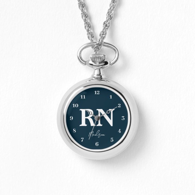 Reloj De Pulsera Enfermera personalizada RN Navy Blue White Script (Anverso)