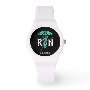 Reloj De Pulsera Enfermera personalizado RN Turquoise Caduceus Sili