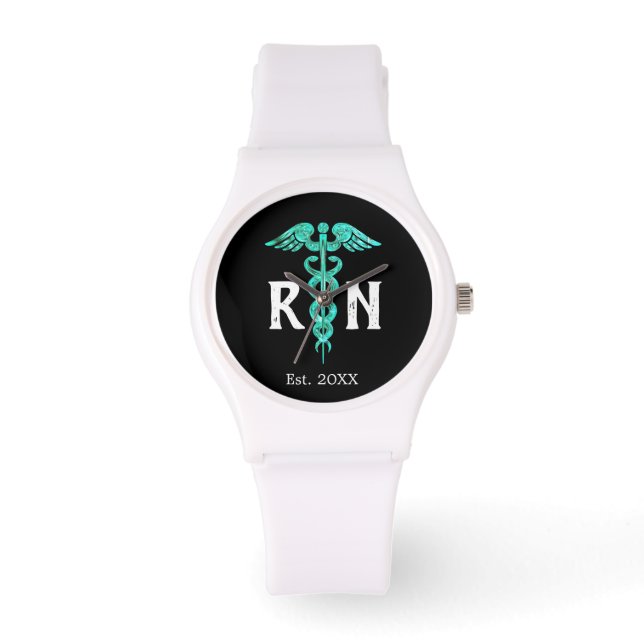 Reloj De Pulsera Enfermera personalizado RN Turquoise Caduceus Sili (Anverso)