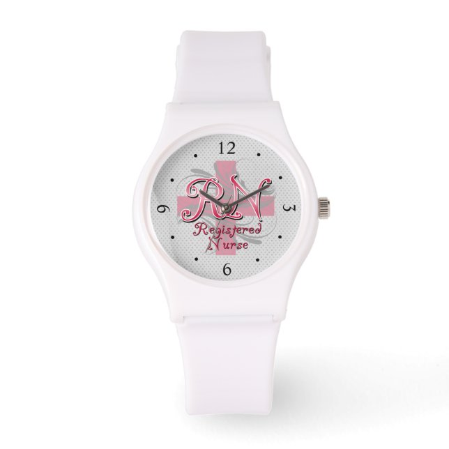 Reloj De Pulsera Enfermera Registrada RN, Swirls Cruz Rosa (Anverso)