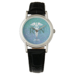 Reloj De Pulsera Enfermera RN Caduceus Purpurina azul Verde azulado