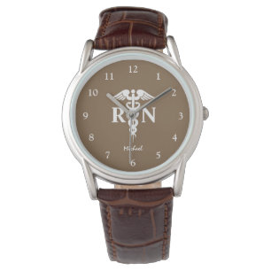 Reloj De Pulsera Enfermera RN Graduada Caduceus Médico Mens Brown