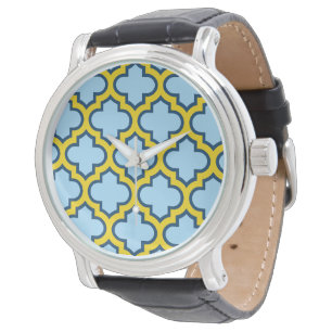 Reloj De Pulsera Enrejado azul y amarillo, celosía, cuatro hojas