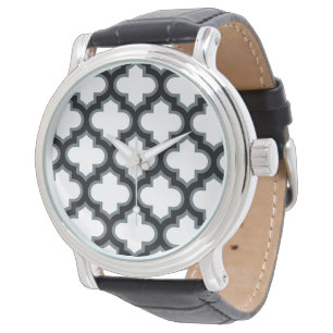 Reloj De Pulsera Enrejado blanco y negro, celosía, cuatro hojas