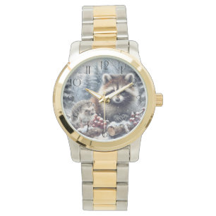Reloj De Pulsera Erizo Mapache De Navidad Invernal Bosque