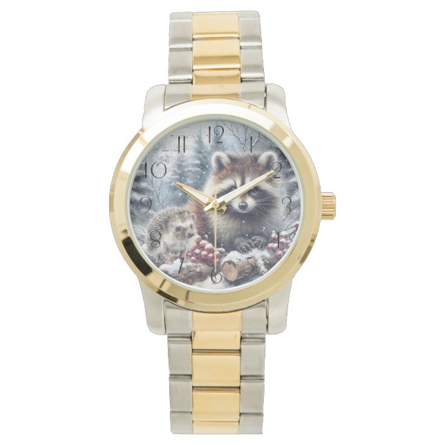 Reloj De Pulsera Erizo Mapache De Navidad Invernal Bosque (Anverso)