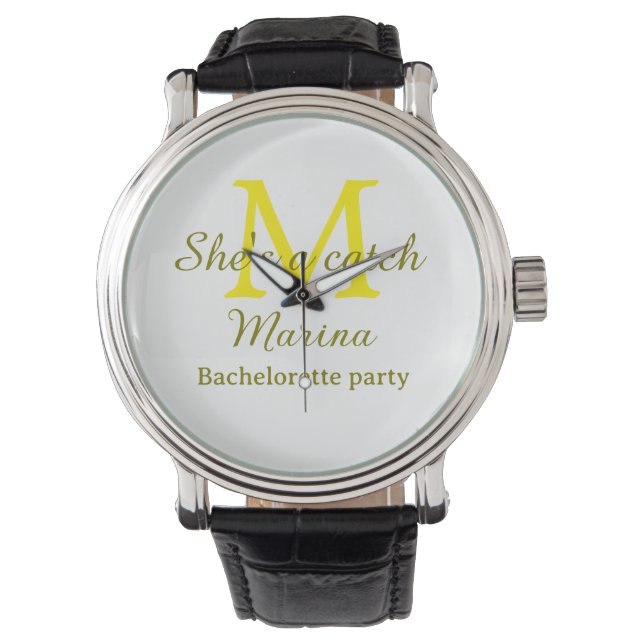 Reloj De Pulsera Es una fiesta de soltera con monograma amarillo (Anverso)