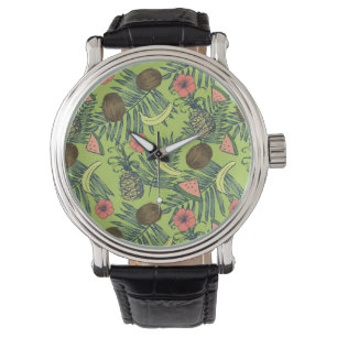 Reloj De Pulsera Esbozo de frutas tropicales sobre el patrón verde