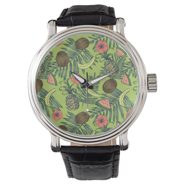 Reloj De Pulsera Esbozo de frutas tropicales sobre el patrón verde (Anverso)