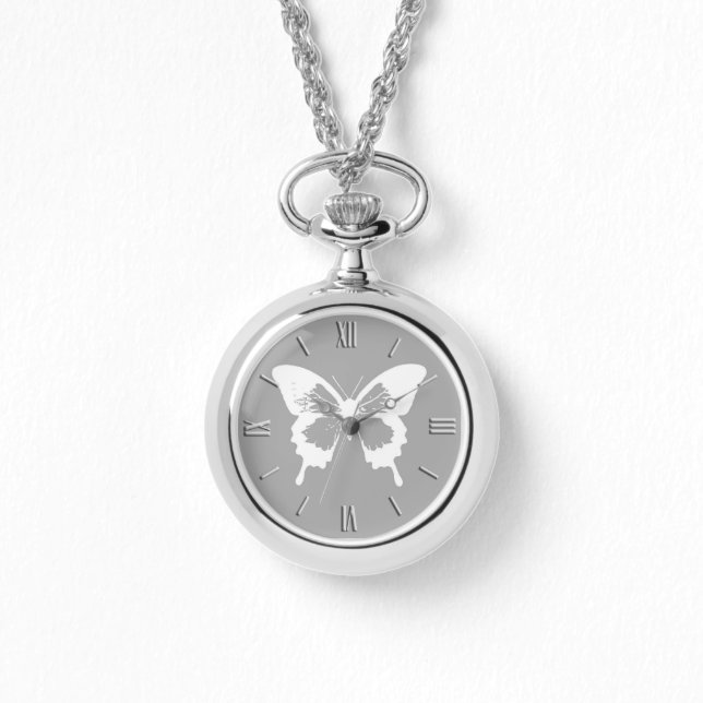 Reloj De Pulsera Esbozo de mariposa, gris plateado y blanco (Anverso)