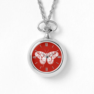Reloj De Pulsera Esbozo de mariposa, rojo profundo y blanco