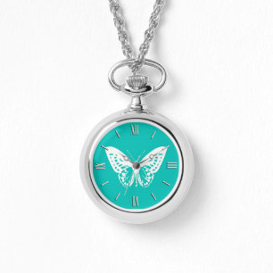 Reloj De Pulsera Esbozo de mariposa, turquesa y blanco