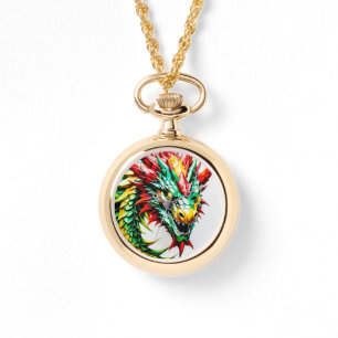 Reloj De Pulsera Escala roja, verde y amarilla del dragón que respi