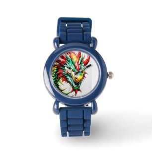Reloj De Pulsera Escala roja, verde y amarilla del dragón que respi