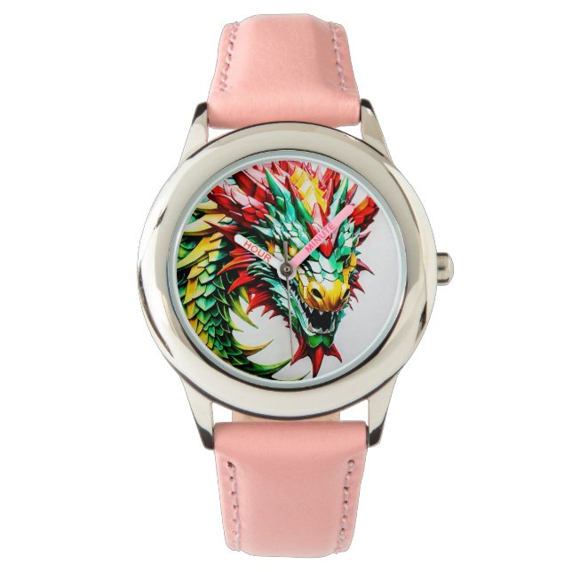 Reloj De Pulsera Escala roja, verde y amarilla del dragón que respi (Anverso)