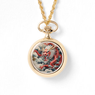 Reloj De Pulsera Escala roja y blanca del dragón respirador de fueg