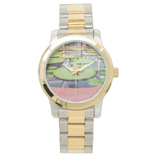 Reloj De Pulsera Escalada De Rana Verde En La Almohadilla De Lily,