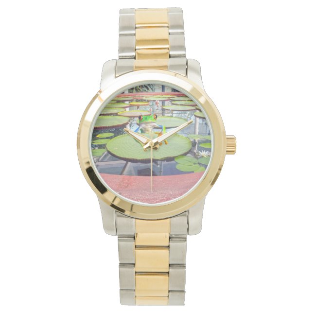 Reloj De Pulsera Escalada De Rana Verde En La Almohadilla De Lily, (Anverso)