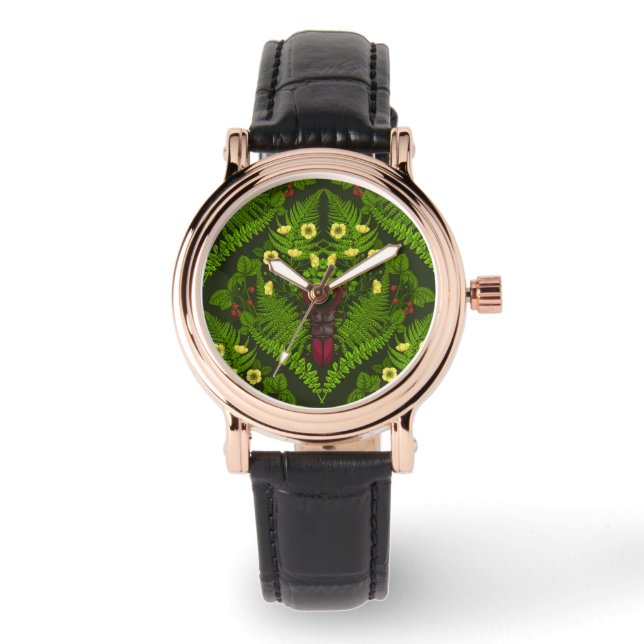 Reloj De Pulsera Escarabajo y helechos, hojas verdes (Anverso)