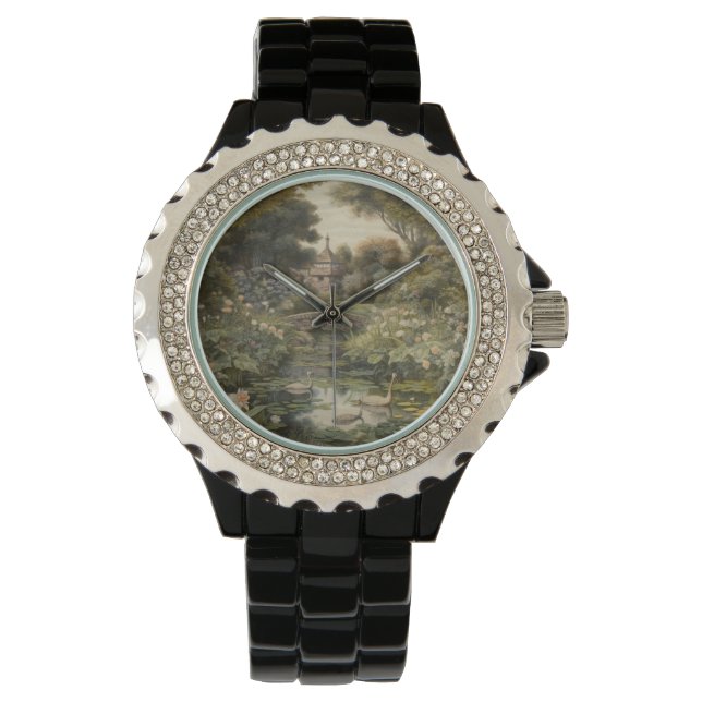 Reloj De Pulsera Escena botánica de cisnes en un jardín inglés (Anverso)