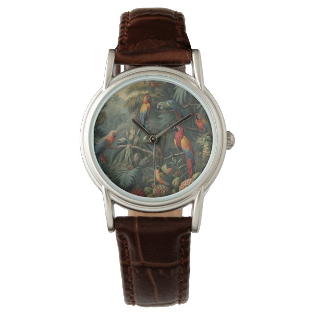 Reloj De Pulsera Escena botánica de loros y piñas (Anverso)